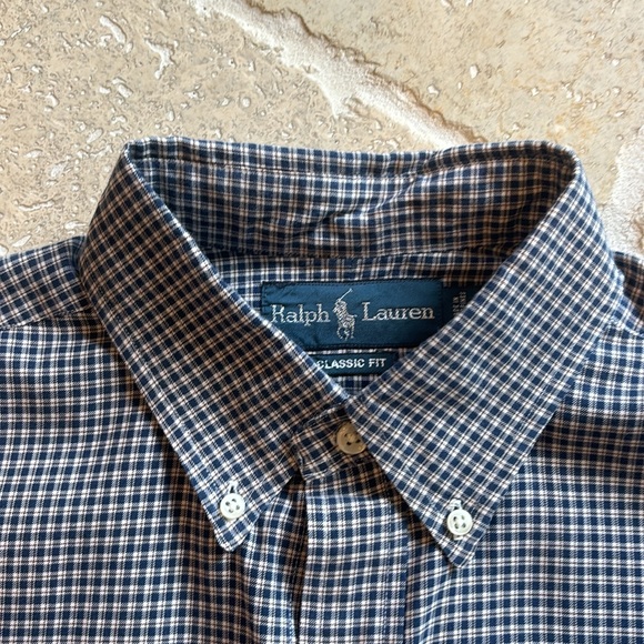 Ralph Lauren Men’s Medium classic fit plaid button down navy/tan/white - Picture 4 of 6